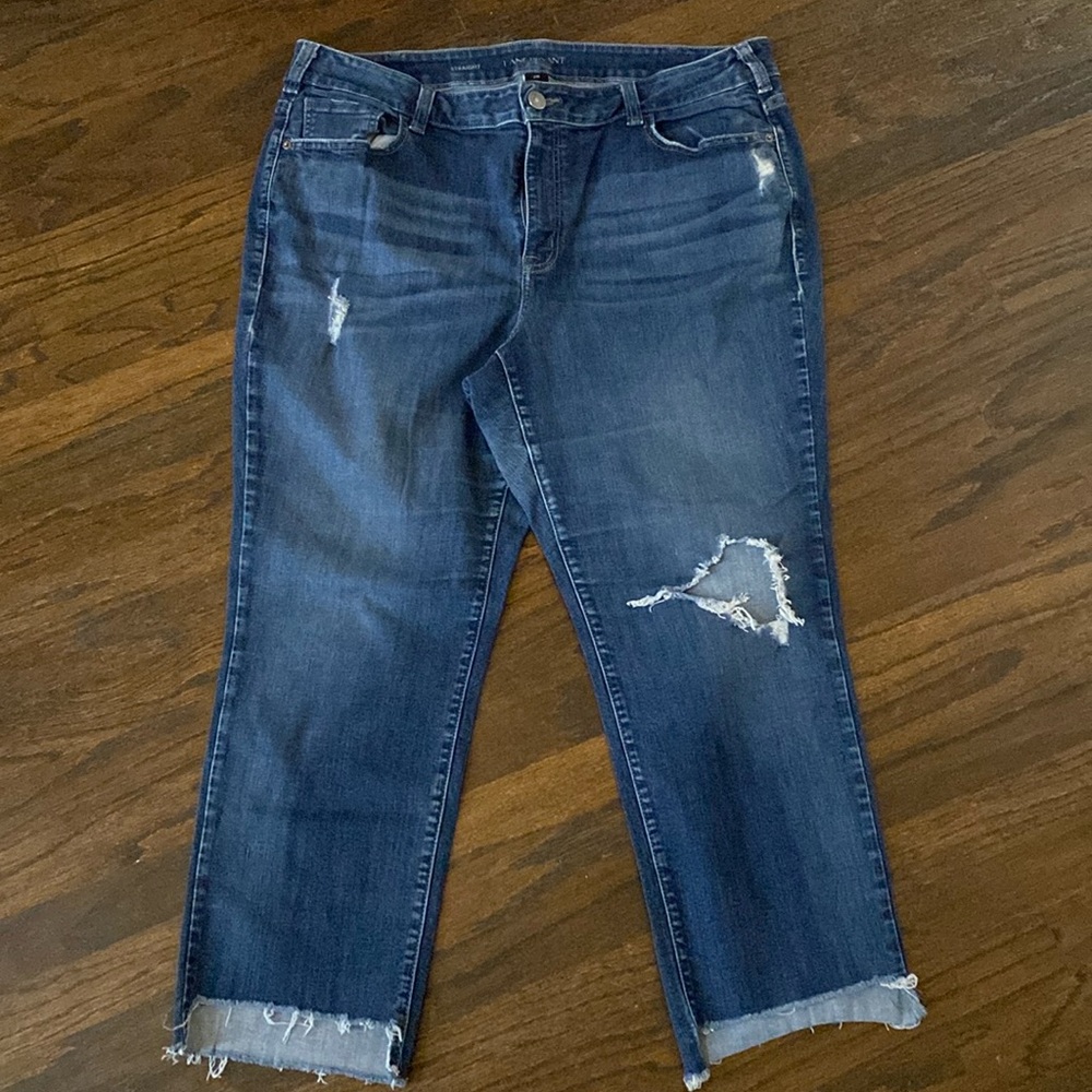 Lane Bryant mid rise straight‎ leg distressed stretch denim jeans in dark wash